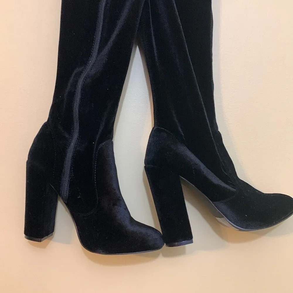 JustFab Thigh High Black Leona Lace Up Zipper Velvet Heeled Boots 5.5 US / 36 EU